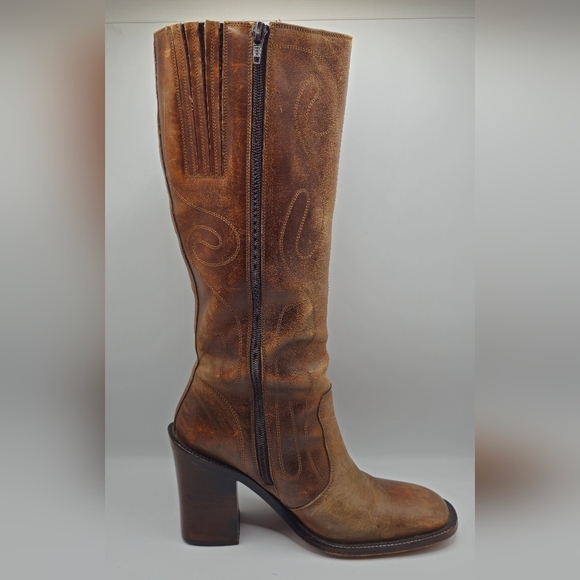 FRYE Vintage Retro Swirl Stitching Tall Chunky High Heel Brown Leather Boots - Picture 5 of 9